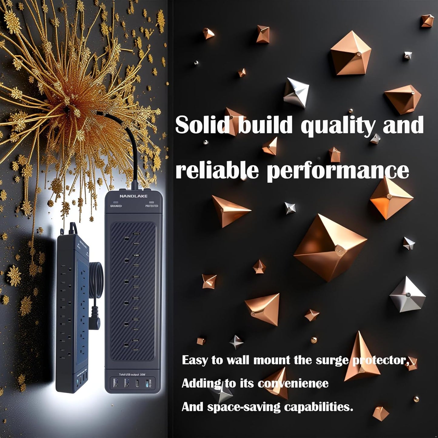 Surge Protector Power Strip Heavy Duty 10 ft Cord High Joules Protection (4800J)/18AC outlets/USBs (2A+2C PD20W)/1875W/15A,Flat Plug,Commercial,Industrial,Office,Home,College,Black,Insurance Coverage