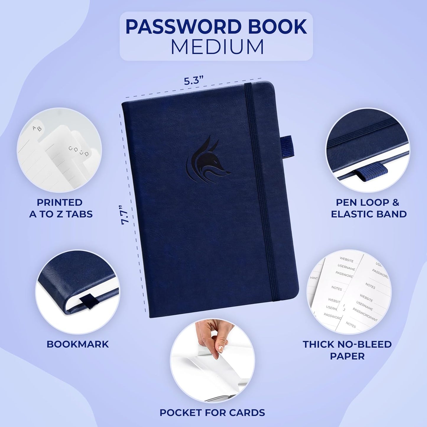 Clever Fox Password Book with alphabetical tabs. Internet Address Organizer Logbook. Medium Password Keeper for Website Logins (Dark Blue)