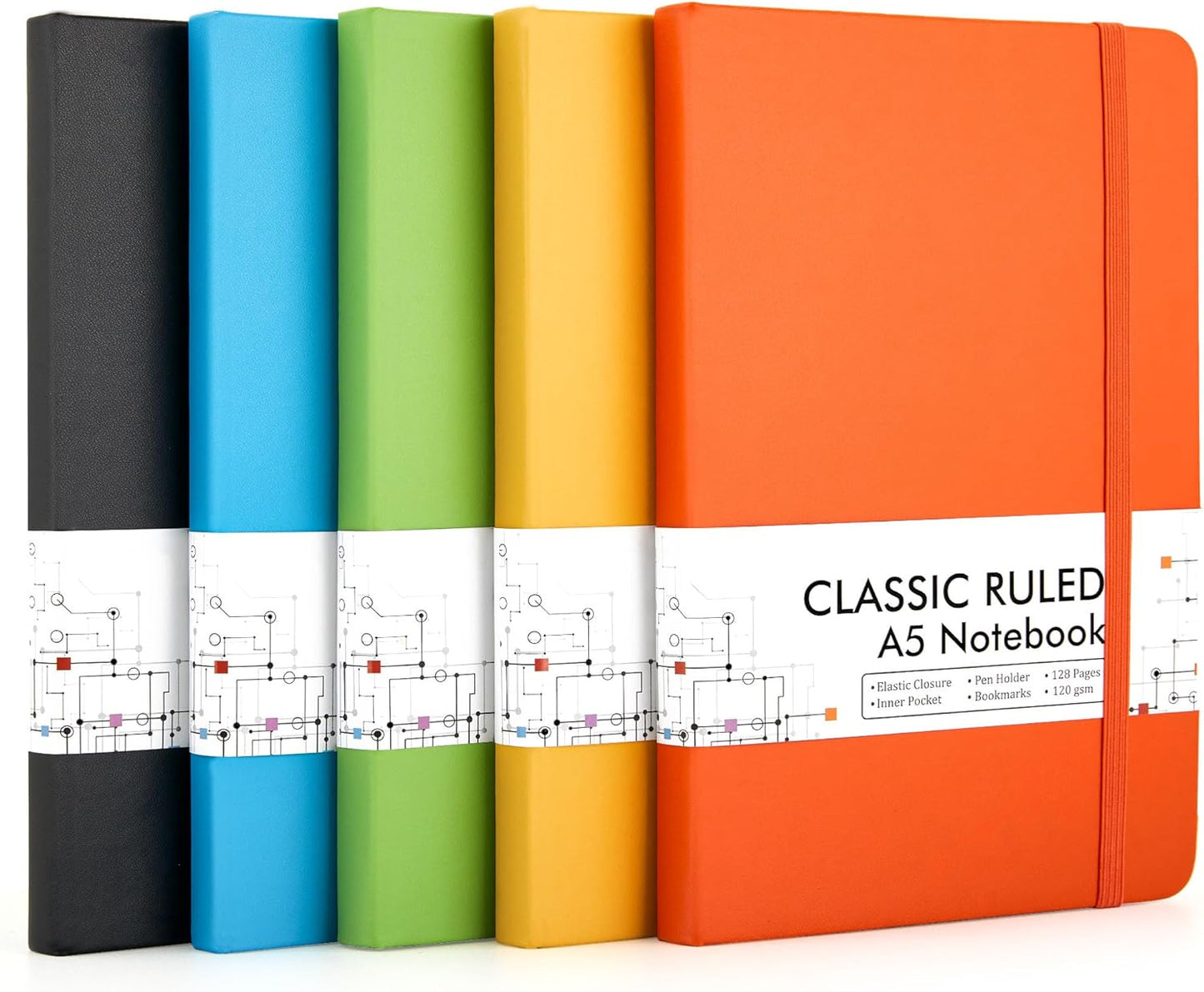 feela Journal Notebook Bulk for School, Hardcover Business Classic Ruled Lined Journals with Pen Holder for Work Office Journaling, with 5 Black Pens, 120 GSM, 5.1”x8.3”, 5 Pack, A5, Solid Colors