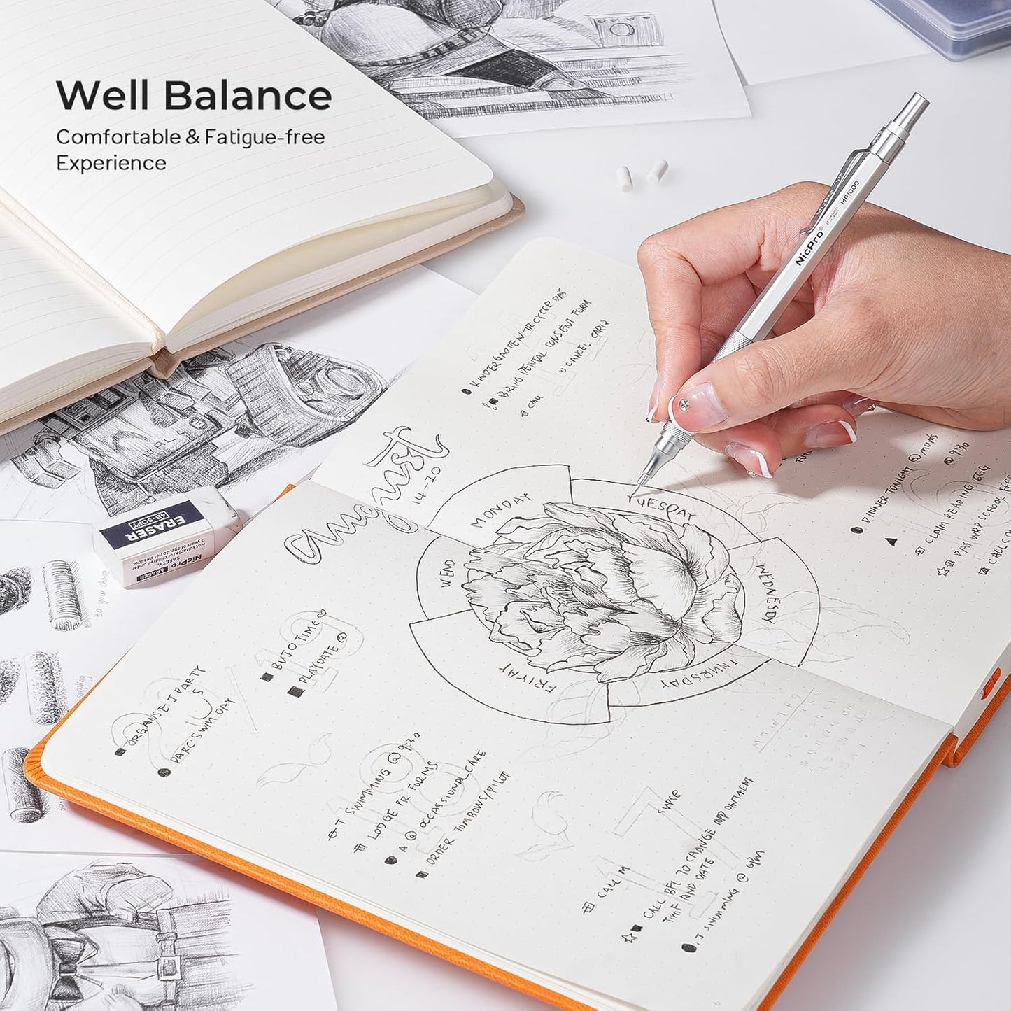 Nicpro 2 PCS Mechanical Pencils 0.5mm & 0.7 mm with Case, MP1000 Metal Artist Pencil Set with 6 Tubes HB Lead Refills, 3 Erasers, 9 Eraser Refills For Art Writing Drafting Drawing, Black & Silver