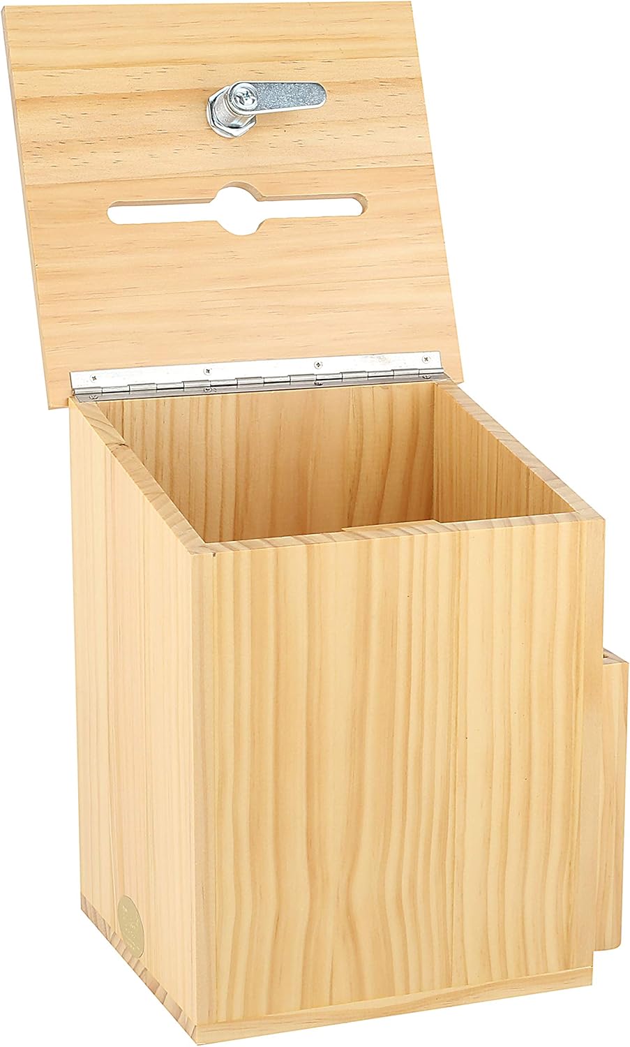 Wood Charity Donation collection Box Office suggestion Ballot Box With wide slot for envelopes and suggestion comment forms, side Pocket and Locking Hinged Lid & Pen for Table Or Counter-top(Natural)