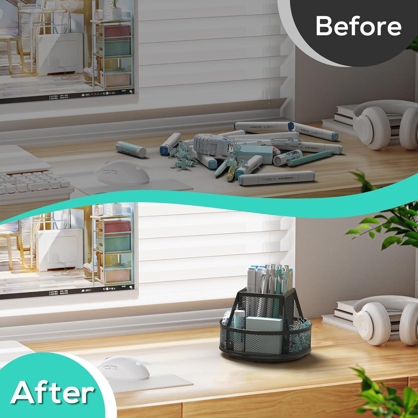 YINGHUA Metal Mesh Desk Organizer with 5 Compartments and Rotating Pencil Holder Pen and Stationery Organizer for Office Home School Anti Slip Base Black