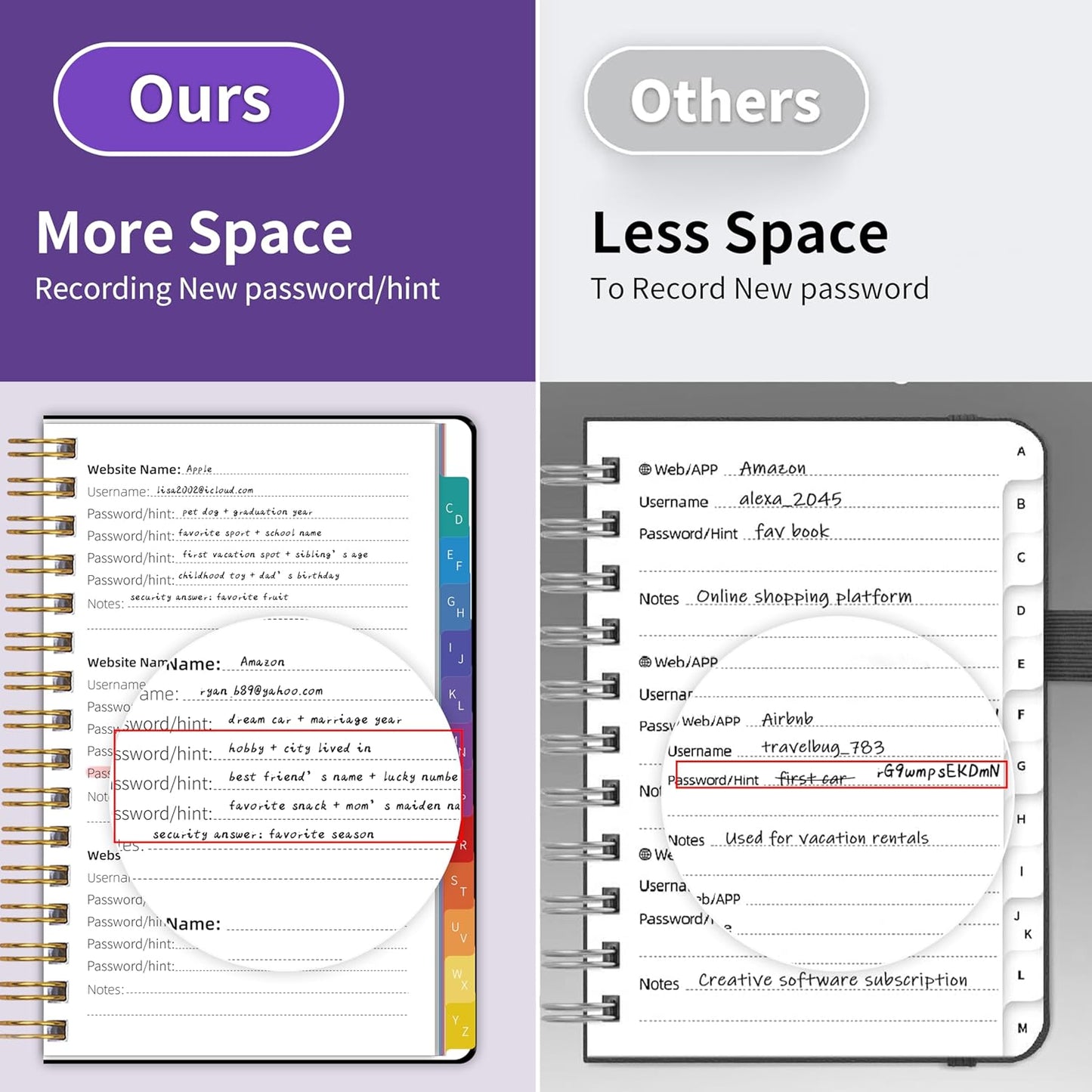 Password Book with Alphabetical Tabs, Password Keeper Book for Seniors, 5.8" X 8.2" Medium Size Password Notebook, Individual & Colorful Tabs, Spiral Hardcover Password Journal Logbook for Website Logins, Black