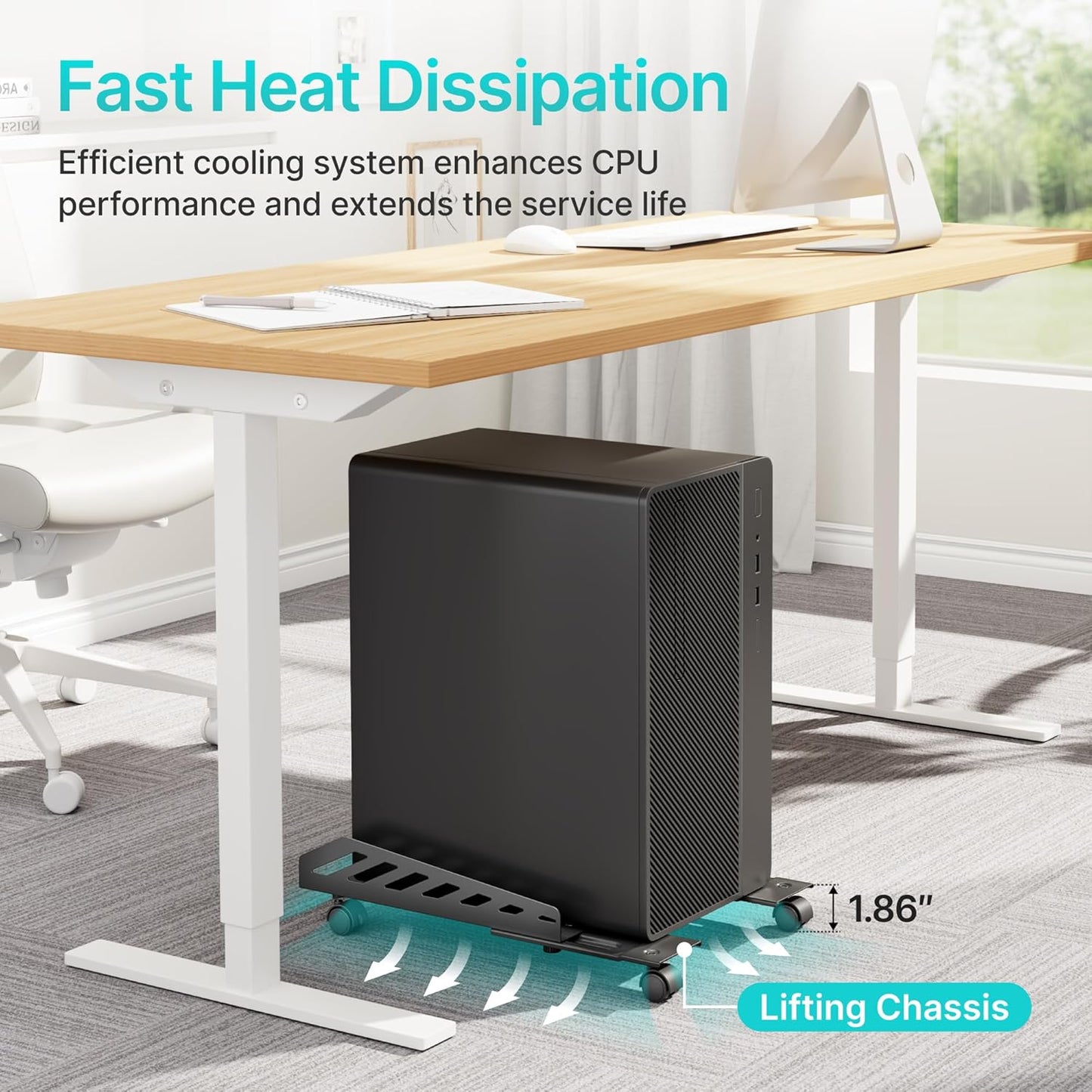 Adjustable PC Stand for Floor(400-510mm D, 160-300mm W), PC Tower Stand with 4 Caster Wheels, Ventilated Under Desk CPU Cart Holder for Office, Gamers, Black