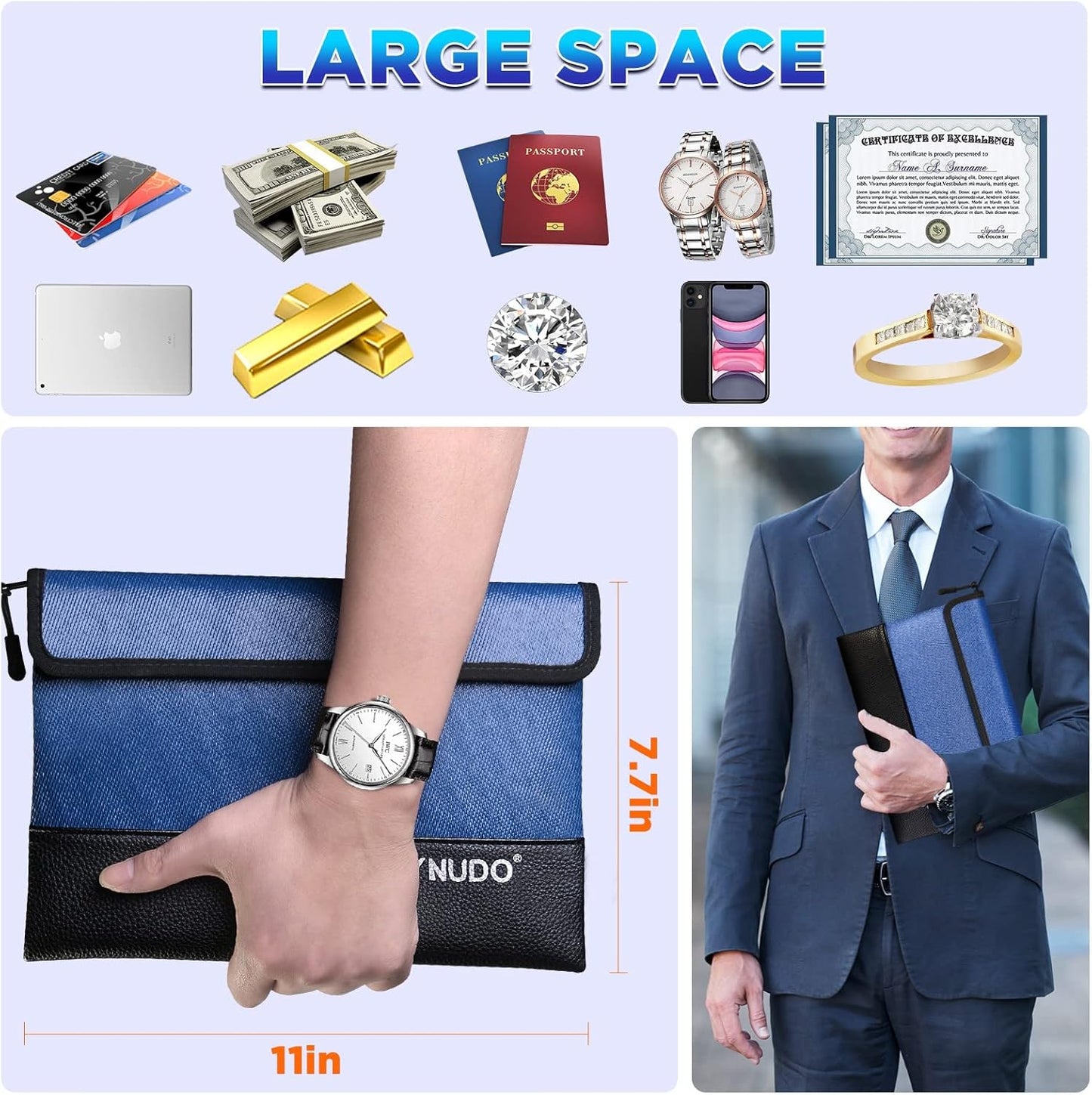 5200℉ Fireproof Money Bag for Cash, Fireproof Bag, Fireproof Pouch for Important Documents and Valuables, 11x7.7 Inch, Waterproof Zipper