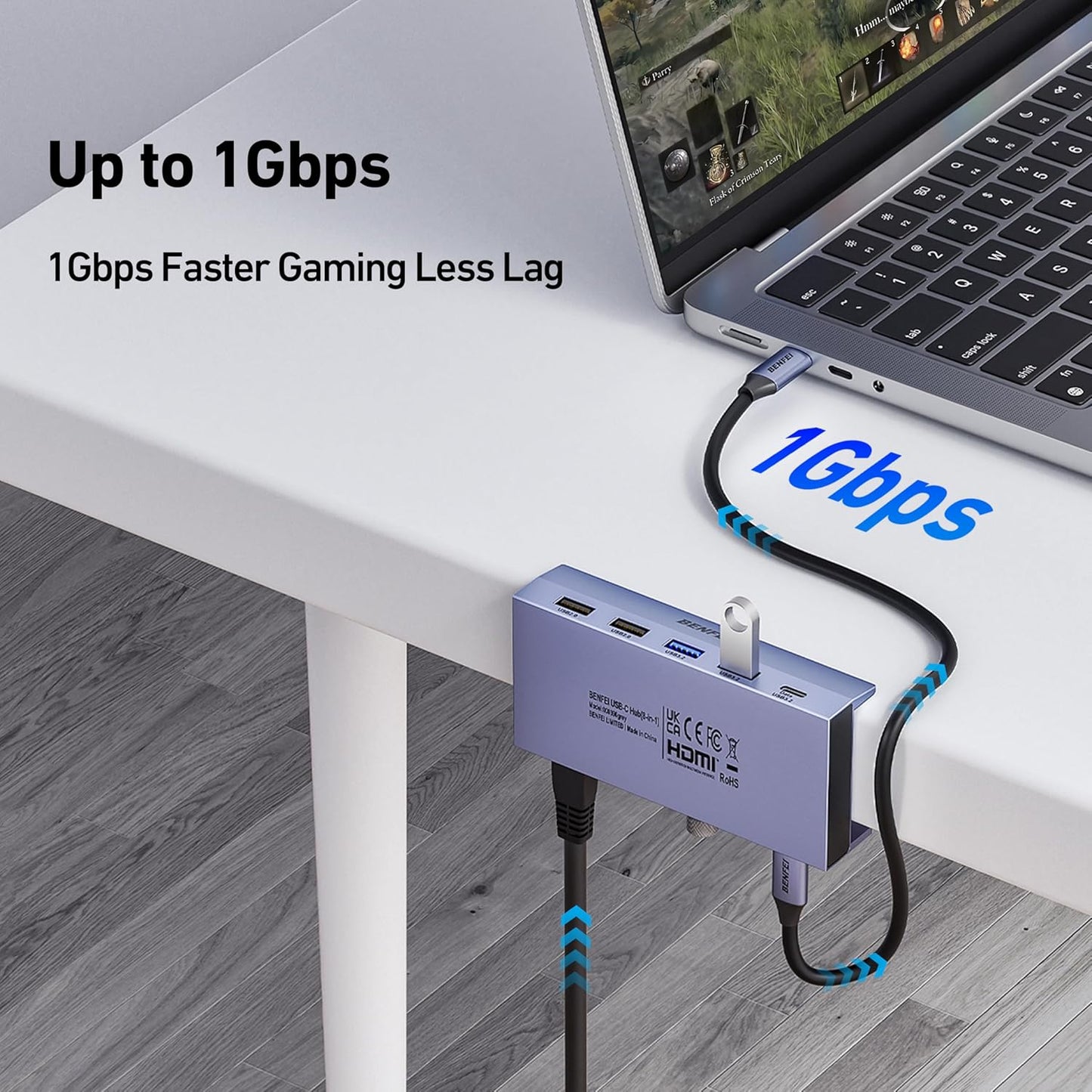 BENFEI 8-in-1 USB C Hub with Secure Clamp – Features 4K@60Hz HDMI, Gigabit Ethernet, 100W PD, 10Gbps 1x USB-C, 2 x USB-A 3.2, 2 x USB-A 2.0 Compatible with MacBook, iPad Pro, iMac, S23, XPS17