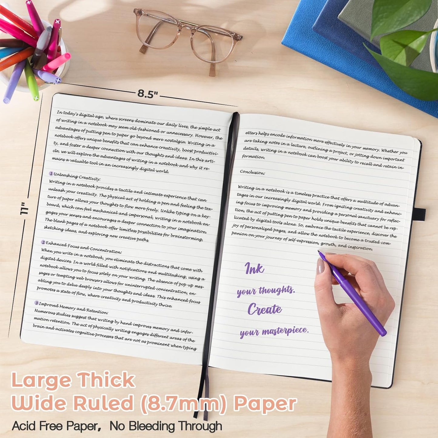 Lined Journal Notebook, 8.5" x 11" Hardcover Leather Notebook for Work, Wide Ruled Notebook Journal for Women Men, 192 Thick Paper, Lay Flat, 2 Pockets, A4 Large Journals for Writing, Pink Notebook