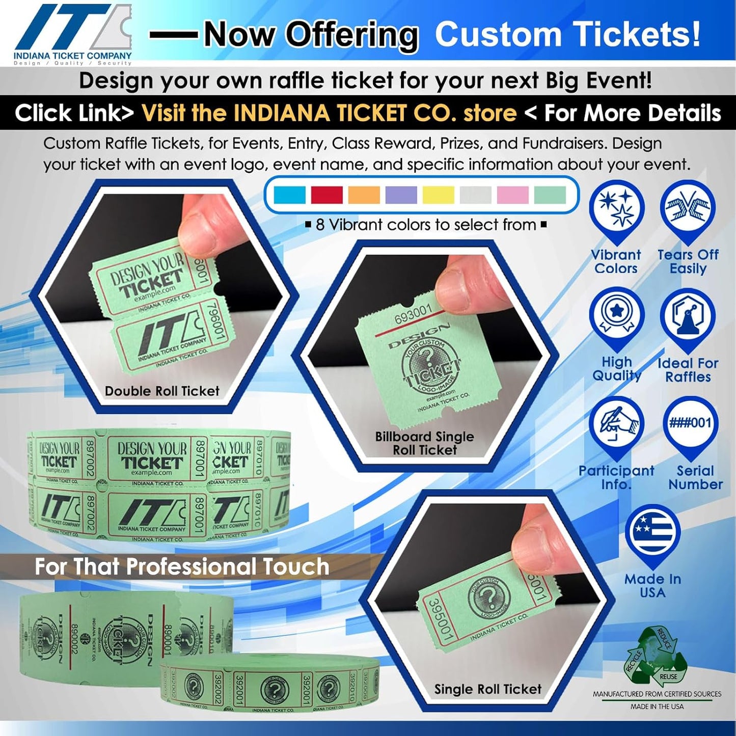 INDIANA TICKET CO. 10,000 Green CONSECUTIVELY Numbered Raffle Ticket Roll. 5 Rolls of 2,000, for Classroom Rewards, Events, Fundraisers, Door Entry, Raffles, Prizes, Drink/Food Tickets, & More