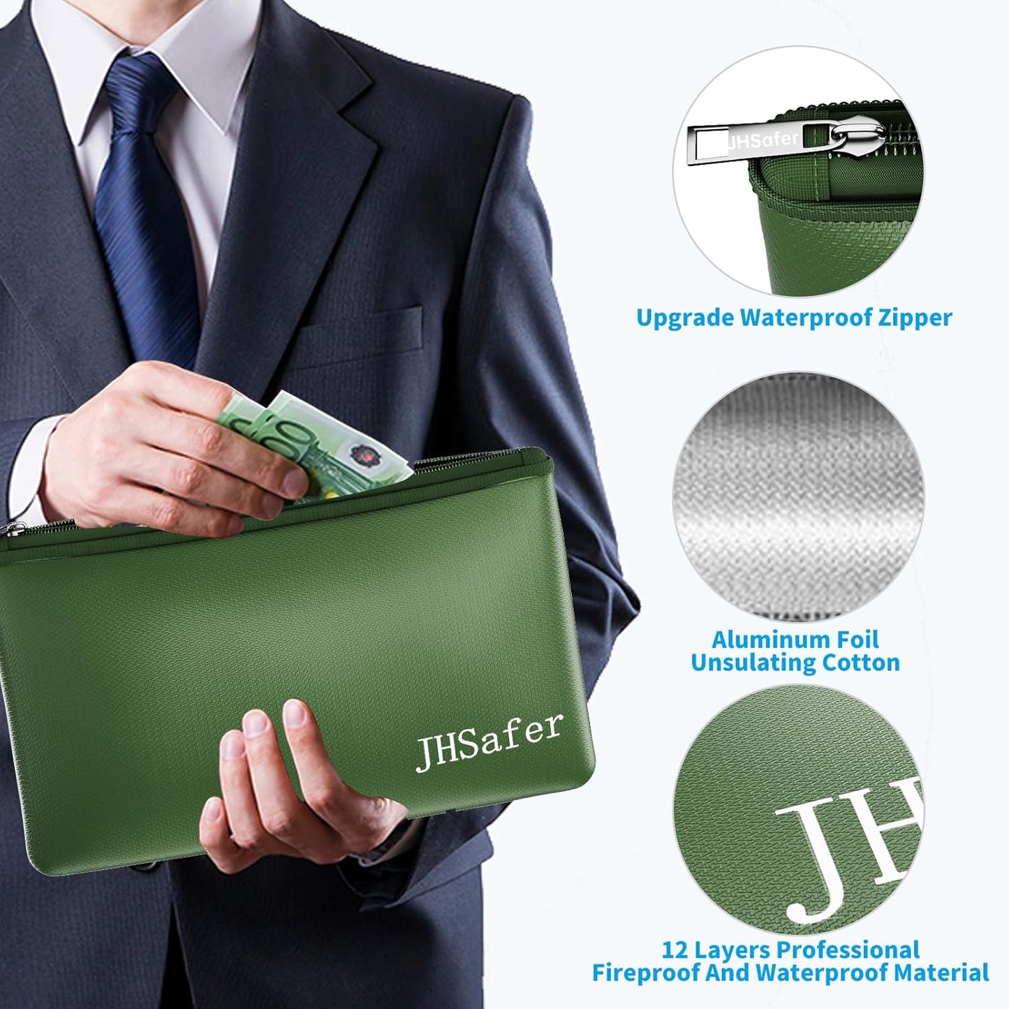 6400℉ Fireproof and Waterproof Money Bags 2pcs with Zipper,11''x6.3'' Fireproof Cash Bag with Zipper,Fireproof Wallet Envelope Safe Pouch Fireproof Bags for Cash Passports Keys Jewellery (Green)