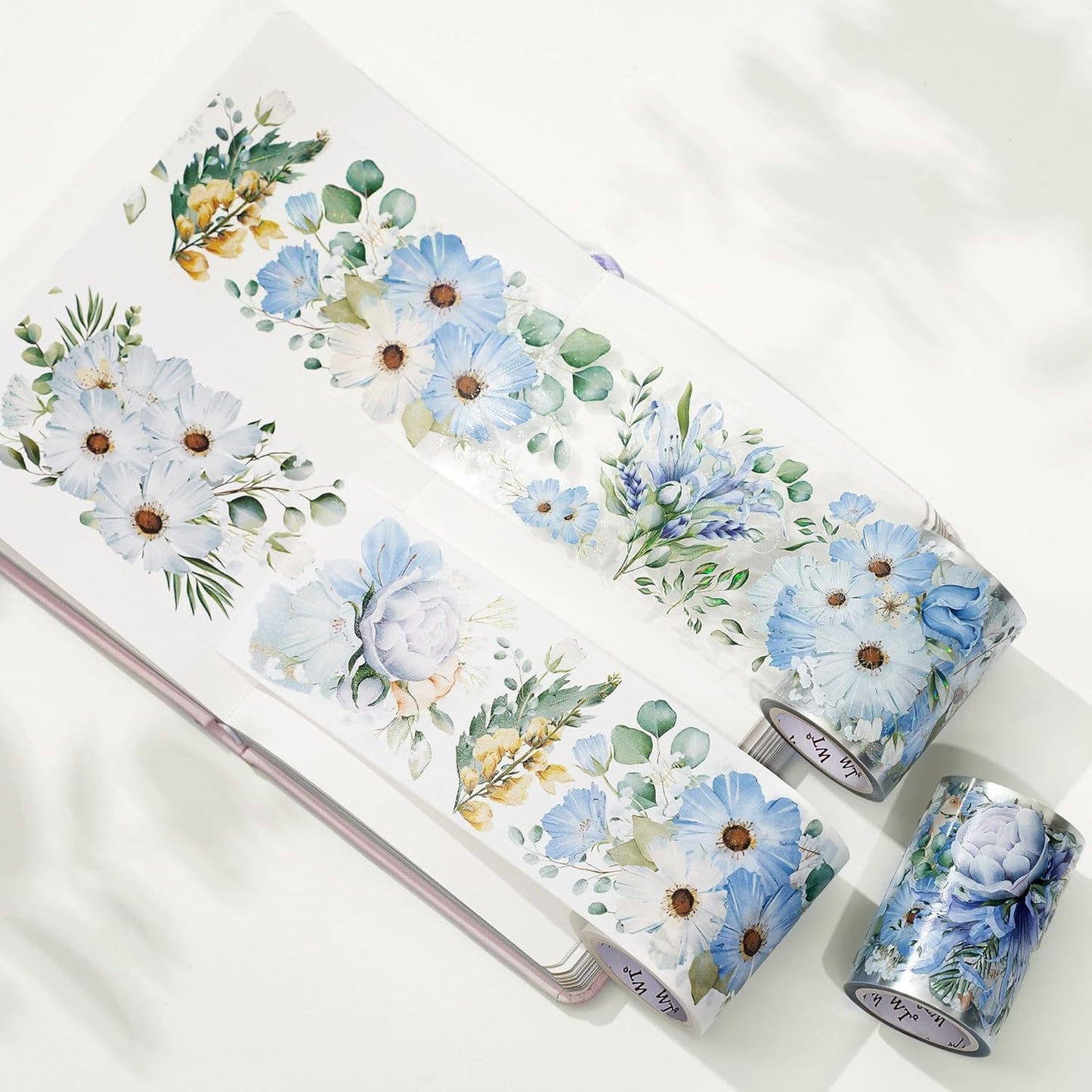 WT Serene Wide PET Tape, Single Roll, Original Designs, Watercolor Blue Flower Decorative Tape, Transparent Clear Adhesive Tape, Journal Scrapbook Bujo Planner DIY Craft Supplies