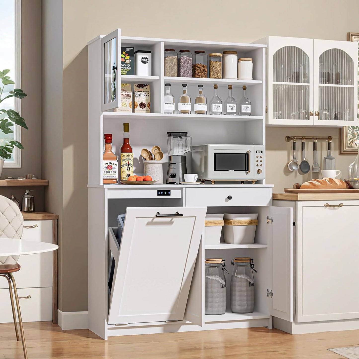 OLD CAPTAIN Tilt Out Trash Cabinet with Deodorising Function, Kitchen Hutch with Microwave Shelf and Drawer, Kitchen Pantry with Trash Cabinet for 10 Gallons, White