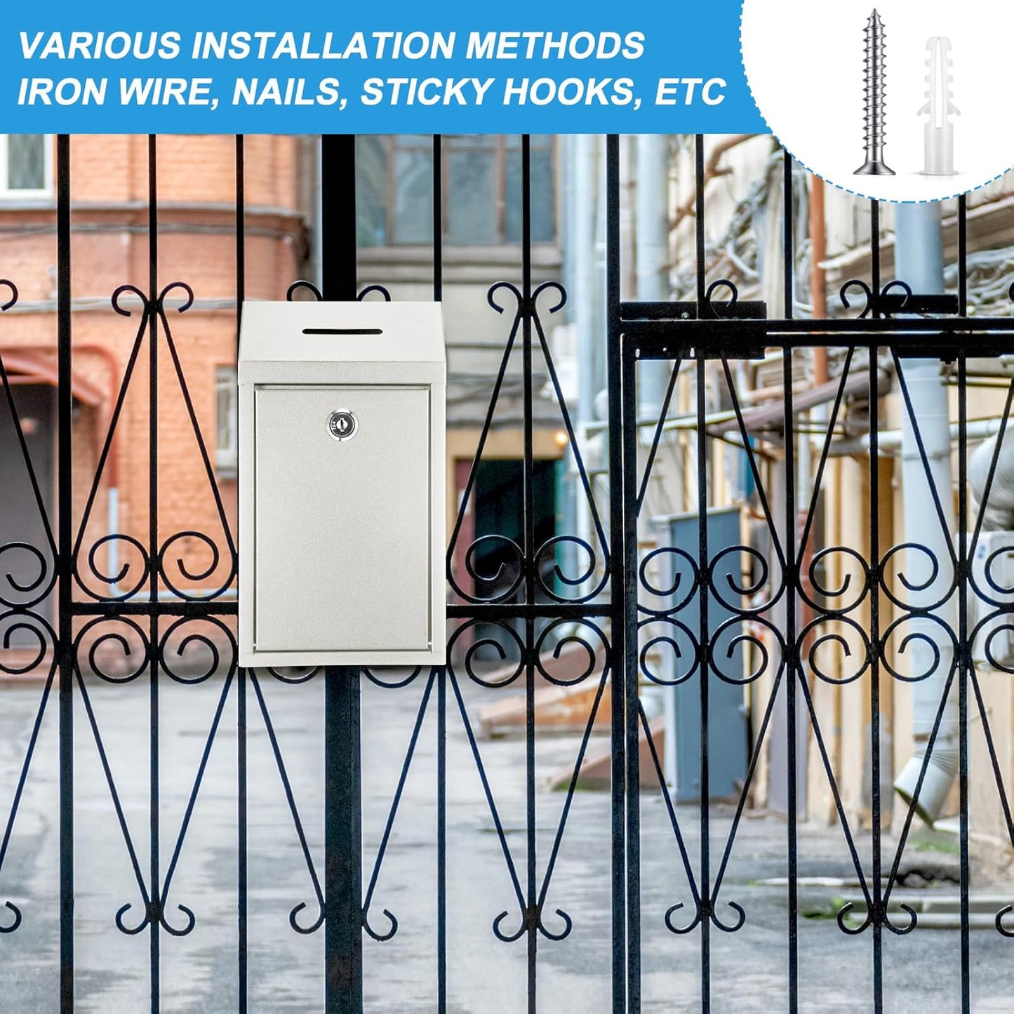 Metal Donation Cash Box Collection Safe Suggestion Box with Lock Wall Mounted Mailbox Delivery Ballot Container for Home Office Outdoor Door