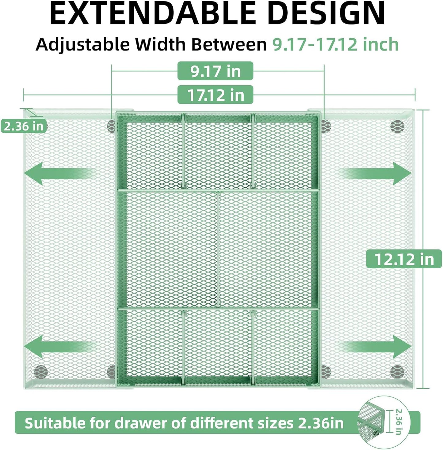 Marbrasse Expandable Desk Drawer Organizer, Mesh Drawer Organizer Tray with 10 Adjustable Compartments, Desk Organizers and Accessories for Office Supplies, Makeup & Vanity (Expandable-Green)