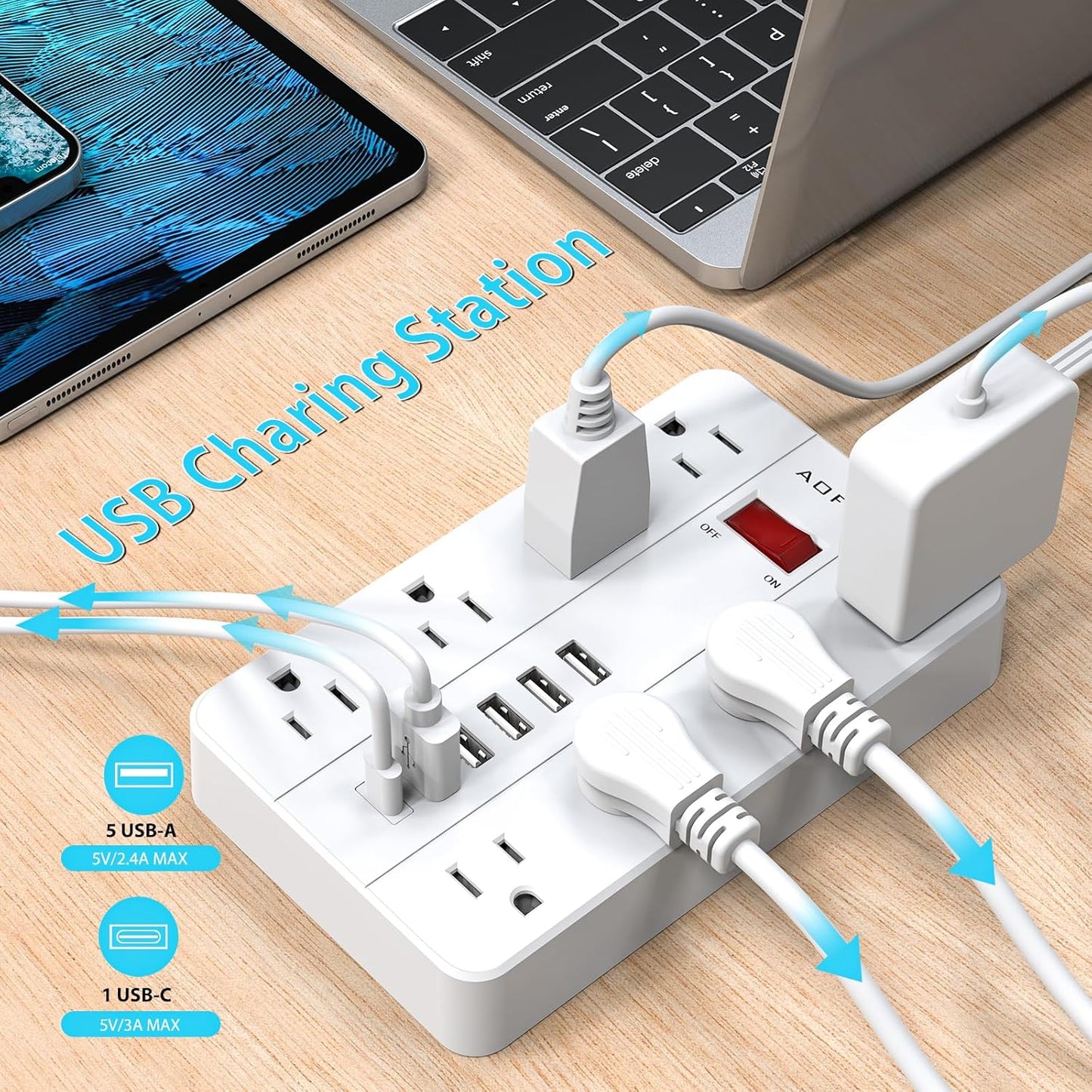 Power Strip Surge Protector with 6 USB (1USB C) Ports,AOFO 5 ft Extension Cord Flat Plug with 8 Widely Spaced Outlets,Wall Mountable Charging Station for Phone Tablet Laptop Computer Multiple Devices