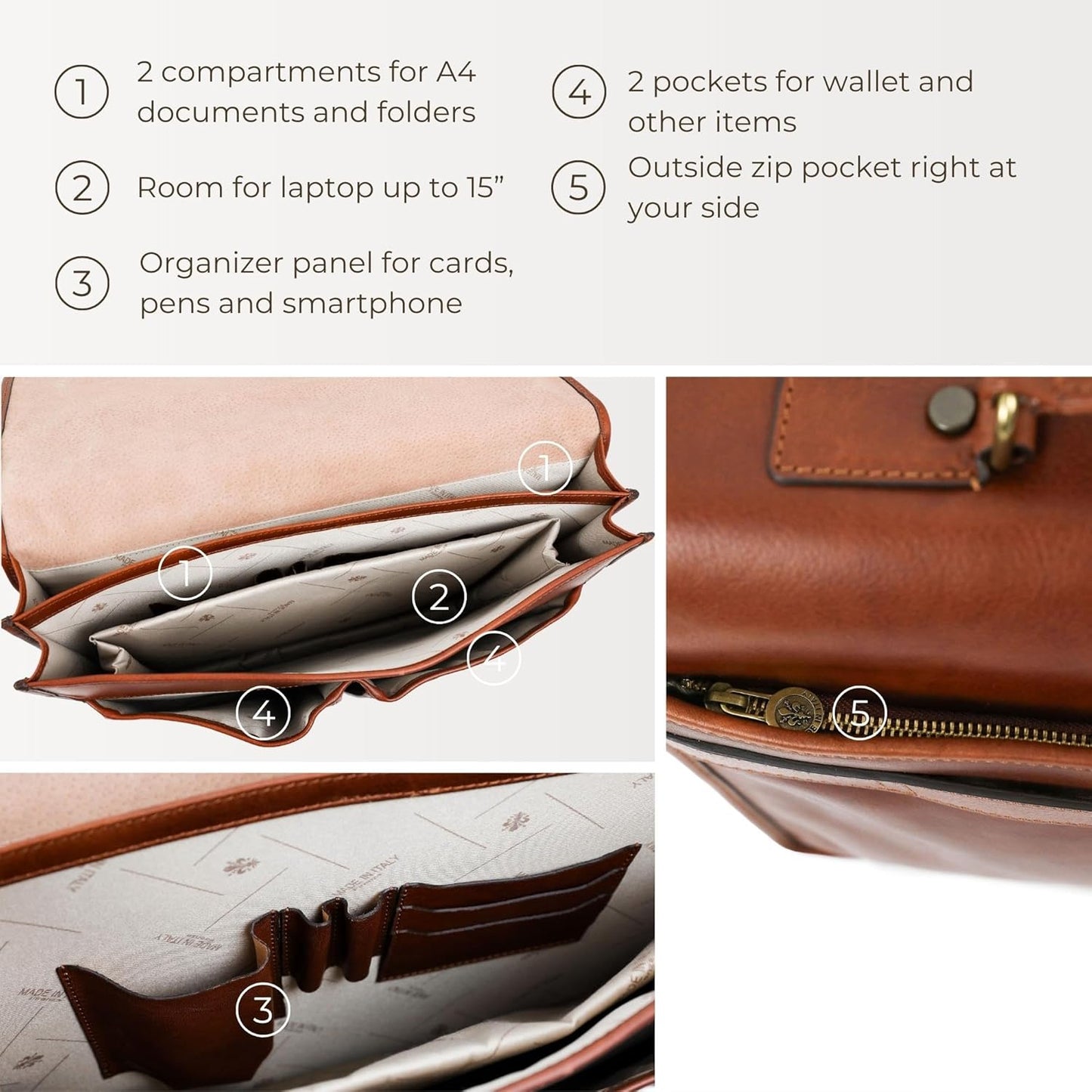 Time Resistance Leather Briefcase for Men Handcrafted in Italy Full Grain Messenger Bag for Laptop