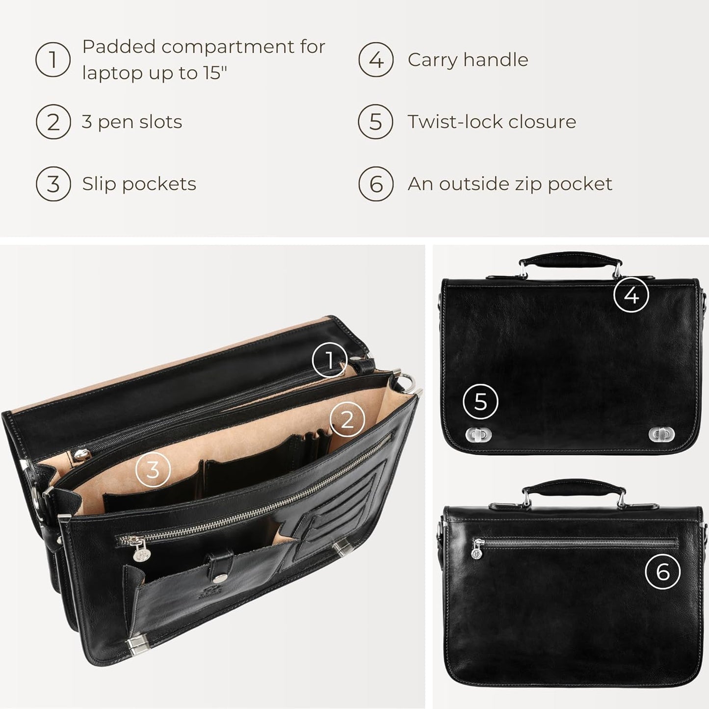 Time Resistance Leather Briefcase for Men - Italian Full Grain Leather Laptop Bag - Messenger Bag - Gift Box Included