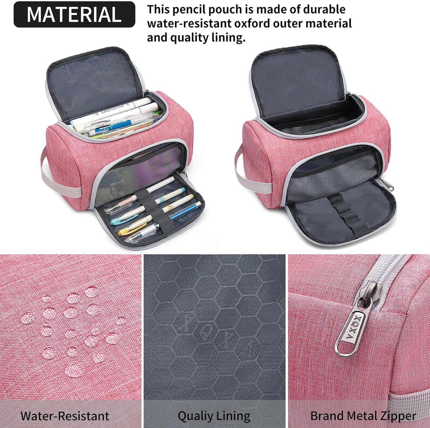 XQXA Extra Large Capacity Pencil Case Organizer, Multifunctional Pencil Pouch with Compartmens, Travel Simple Stationery Bag, Nylon Pencil Bag for Adults (Pink)