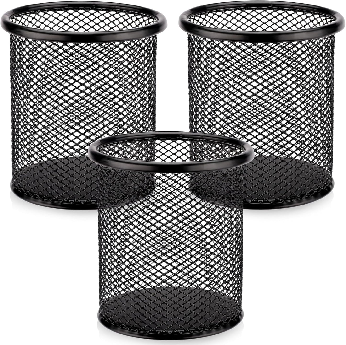 Segarty Pen Holder, 3 Pack Round Black Pen Cup Holder for Desk, Wire Mesh Pencil Containers Set for Office Supplies, School Maker, Home Desktop Accessories Organizer, Makeup Brush