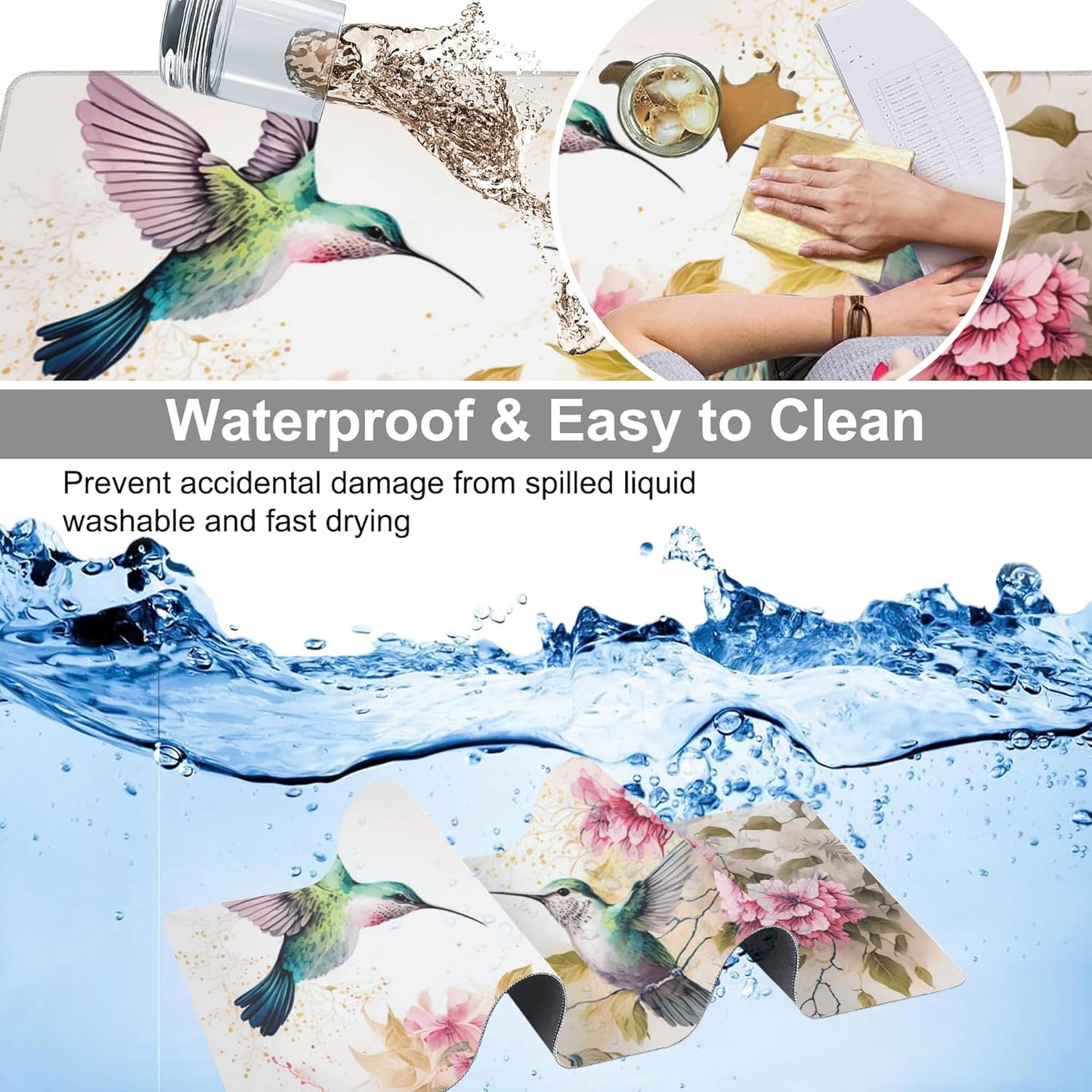 Desk Mat, Pink Flowers and Colibri Birds Extended Large Gaming Mouse Pad for Desk XXL, Non-Slip Rubber Base Stitched Edges Long Computer Keyboard Desk Pad Mouse Mat for Home Office Gaming 35.4"X15.7"