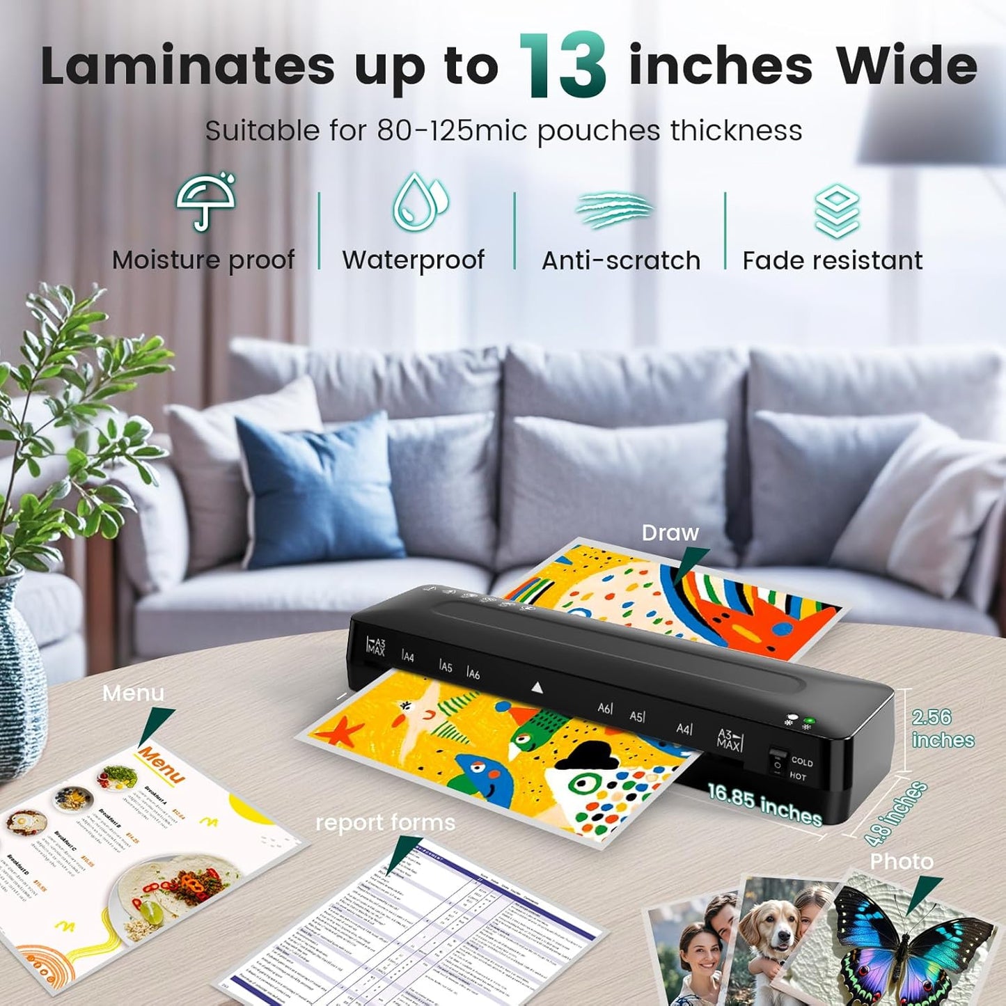 Laminator Machine 11x17 Laminator - 13 Inch Cold Thermal Laminators Machine with Laminating Sheets, A3 Personal Laminators for Teachers, Laminating Machine 90s Warm-Up No Jam for Home Office School