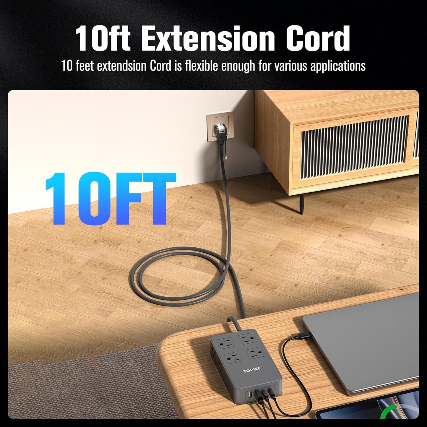 Power Strip Surge Protector with Multiple Outlets, Charging Station(100W Max), Flat Plug Extension Cord 10 Ft Long Cord, 8 Outlets & 4 USB Ports (2 USB C), Desk Charging Station for Home Office