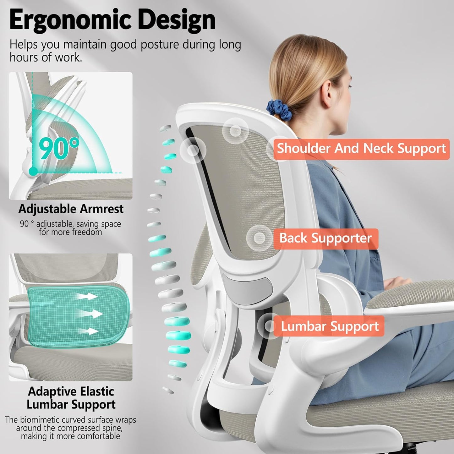 Home Office Desk Chair, Ergonomic Office Chair with Lumbar Support and Adjustable Armrests, Rocking Office Chair, Breathable Mesh Mid Back Computer Chair, Modern Comfy Desk Chair
