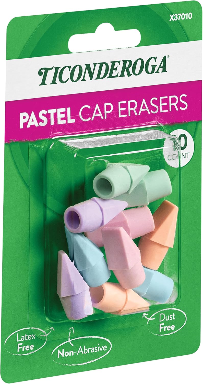 Ticonderoga Pencil Cap Erasers, Assorted Pastel Colors, 10 Count