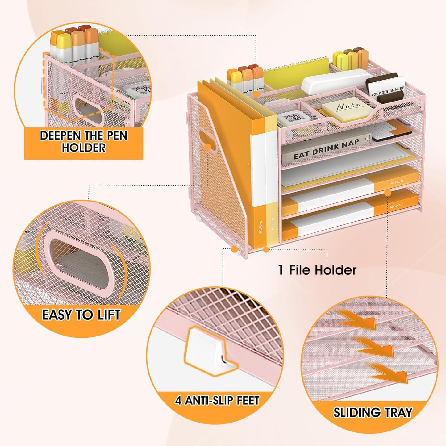5 Tier Paper Letter Tray with File Holder and 3 Drop-in Pen Holders, Mesh Desk File Organizer with Handle, Desk Organizers and Accessories for School,Home, Office Supplies Storage-Pink