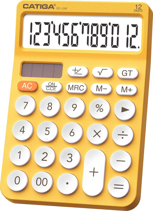 CATIGA 12 Digit Desktop Calculator Basic Desk Calculator with Large LCD Display, Big Buttons, 4 Function, Solar and Battery Dual Power, for Office, School, Home, SD-1292 Yellow