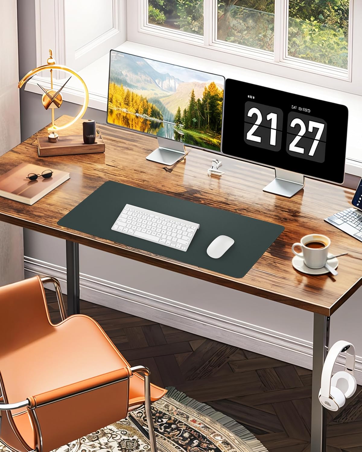 Large Desk Pad Mat - Waterproof Mouse Pad & Desk Protector, Non-Slip XL PU Leather Gaming Mat for Keyboard/Mouse, Stitched Edge with Ergonomic Support, 47"x17" (Dark Green)