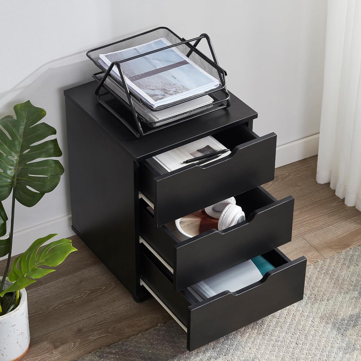 Farini 3-Drawer Under Desk Wooden File Storage Cabinet with Lockable Caster for Home Office,Black,Required Assembly