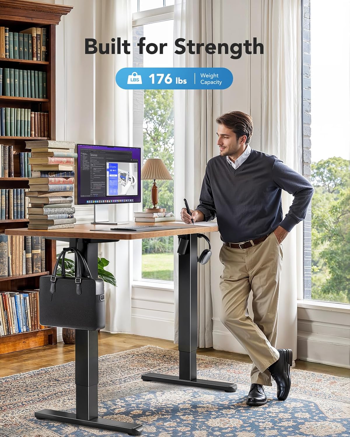 HUANUO 55 x 24 inch Electric Standing Desk, Height Adjustable Table with Headphone Hooks & Cable Manager, Sit to Stand up Desk for Home Office, Vintage Brown