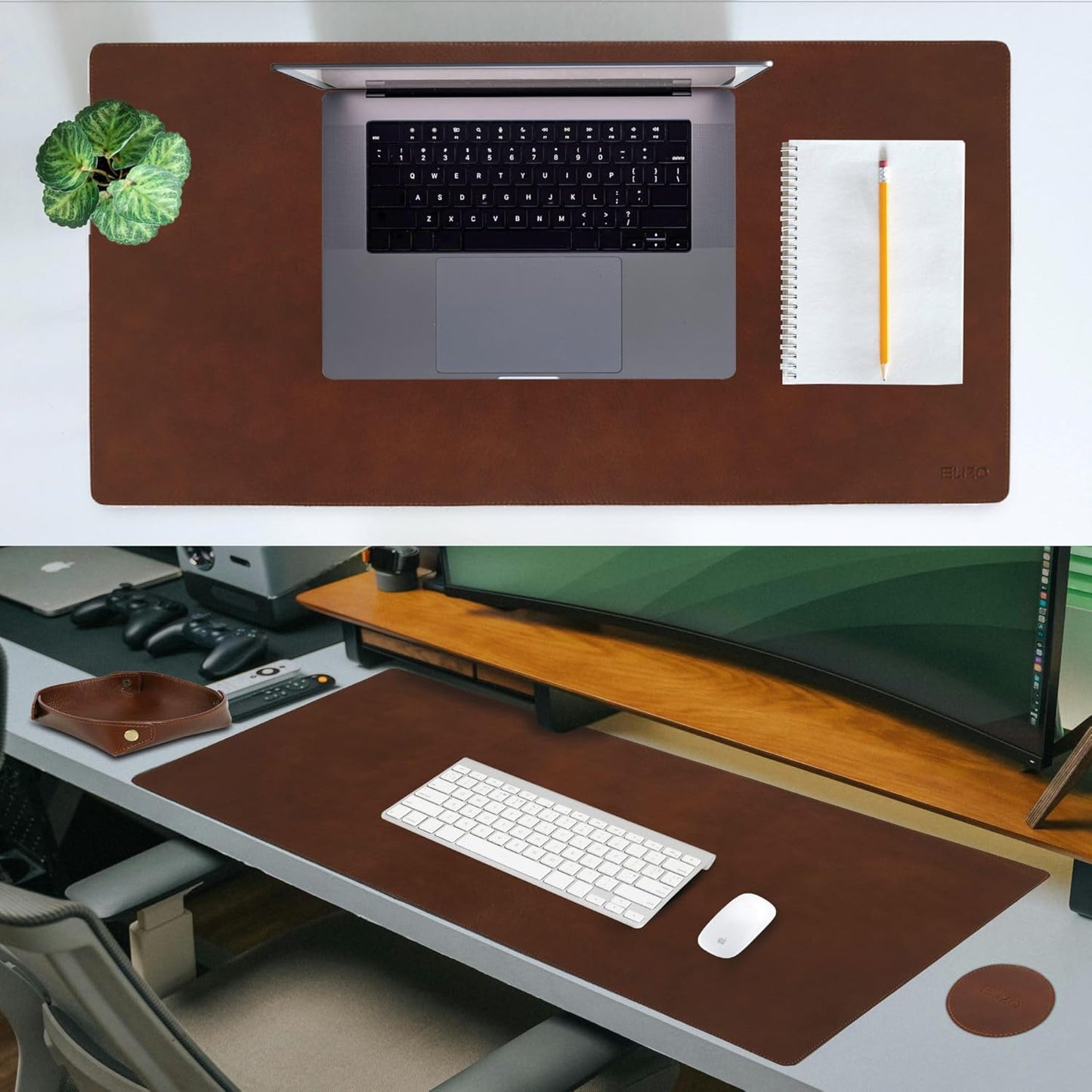 Elizo Leather Desk Mat Desk Pad Blotter Set - Real Full-Grain Leather (32x16) 2-Layer Genuine Desk Cover Protector & Large Mouse Pad | Computer Keyboard Desk Accessories for Office & Home