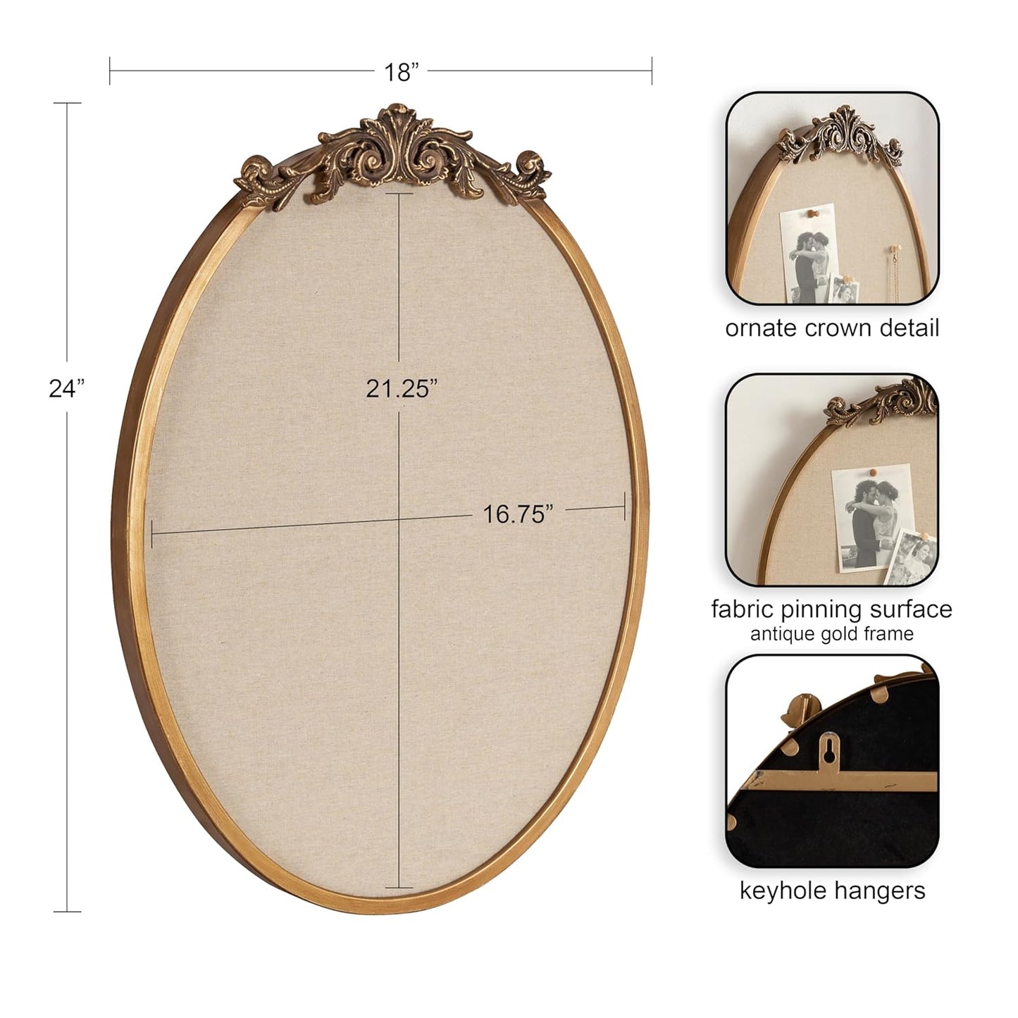 Kate and Laurel Arendahl Decorative Oval Pinboard, 18 x 24, Gold, Framed Round Ornate Vintage Cork Board for Use as Motivational Vision Board or Wall Organizer