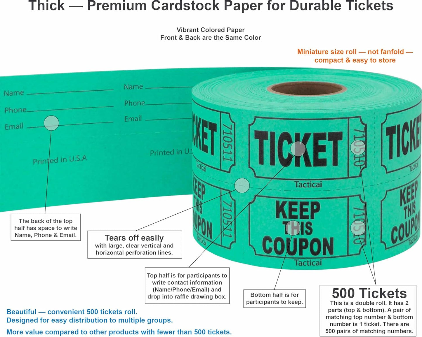 Tacticai 500 Raffle Tickets, Green (1 of 8 Colors), Double Roll, Ticket for Events, Entry, Class Reward, Fundraiser & Prizes