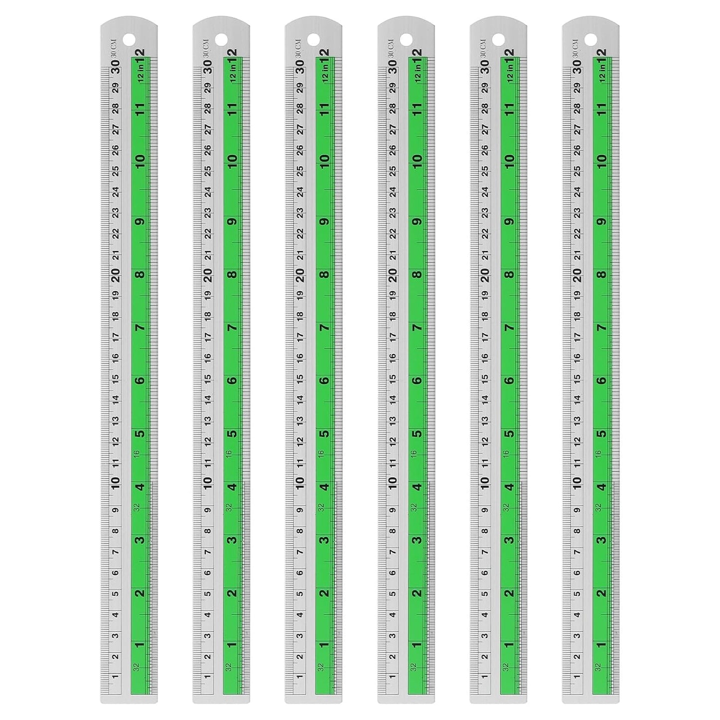 HARFINGTON 6pcs Metal Straight Ruler 30cm Metric SAE Aluminum Alloy Measuring Rulers Scale Tool with Hole for Measure Study Reading Classroom Office, Green