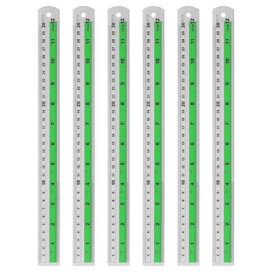 HARFINGTON 6pcs Metal Straight Ruler 30cm Metric SAE Aluminum Alloy Measuring Rulers Scale Tool with Hole for Measure Study Reading Classroom Office, Green