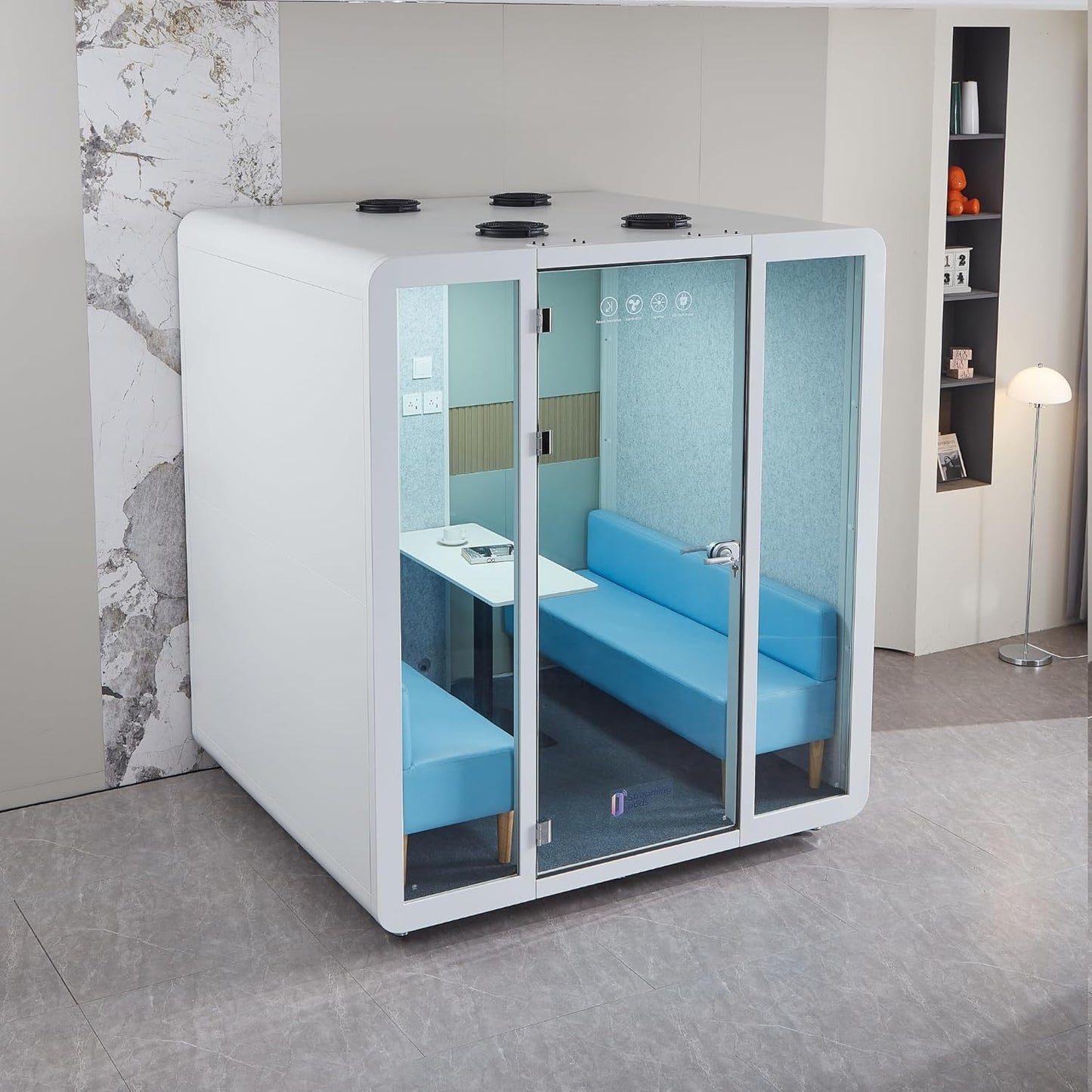 GEARONIC Mobile Office Pod Booth, Sound Proof Office Booth Pod with Mobile Roller, Larger Space for 4-6 People, LED Lighting System,Fans and AC USB Ports