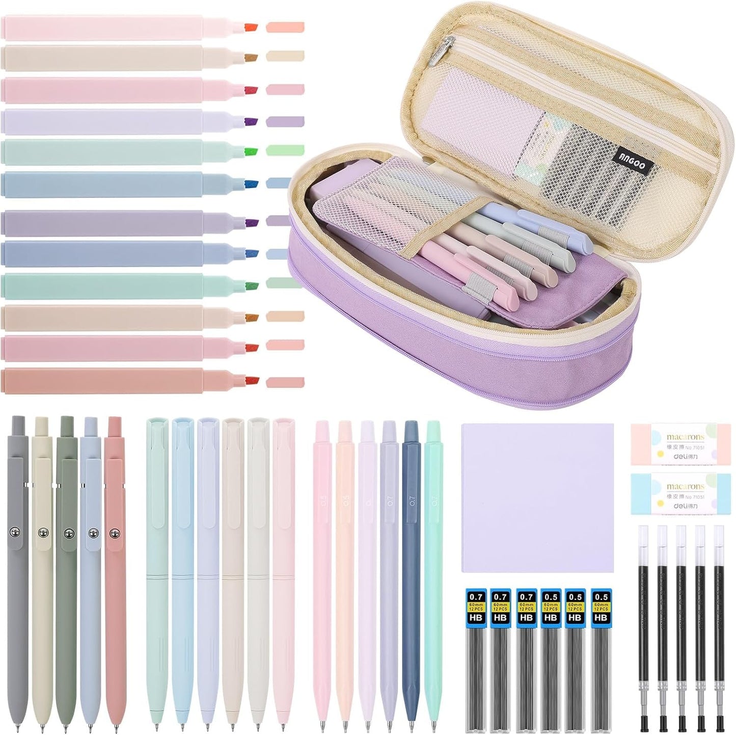 SKYDUE Cute School Supplies 44 PCS, Aesthetic Pencil Case with 12 Pastel Highlighters, 5 Black Gel Pens, 6 Color Gel Pens & Mechanical Pencils, College Essentials Students Stationary Set Purple