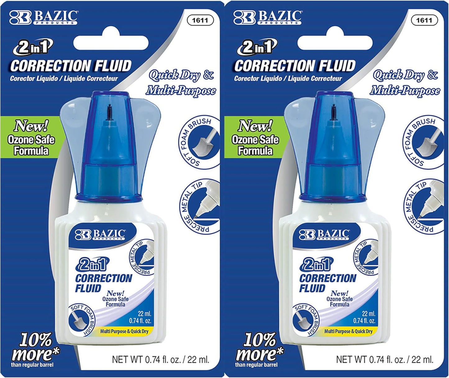 BAZIC Correction Liquid 2 in 1 (0.74 oz / 22 ml), Foam Brush & Precise Metal Tip Applicator, Instant Corrections Pen White Out Wipe Out Fluid, 2-Pack