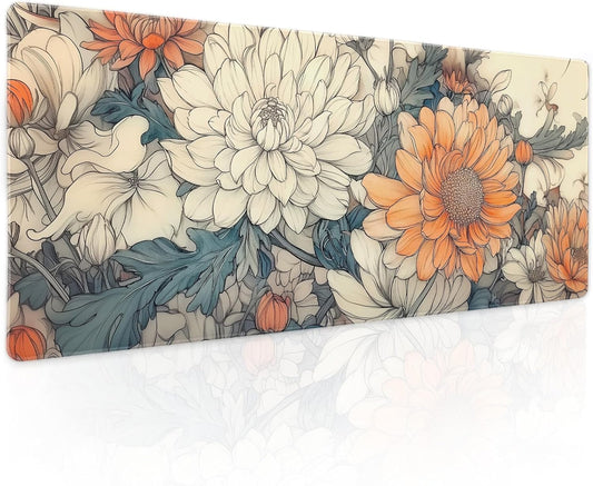 Minimalist Floral Gaming Mouse Pad XL White Orange Aesthetic Flowers Japanese Extended Large Mat Mousepad Desk Pad Non-Slip Rubber Base Stitched Edge Long Keyboard Pad for Computer,31.5×11.8 Inch