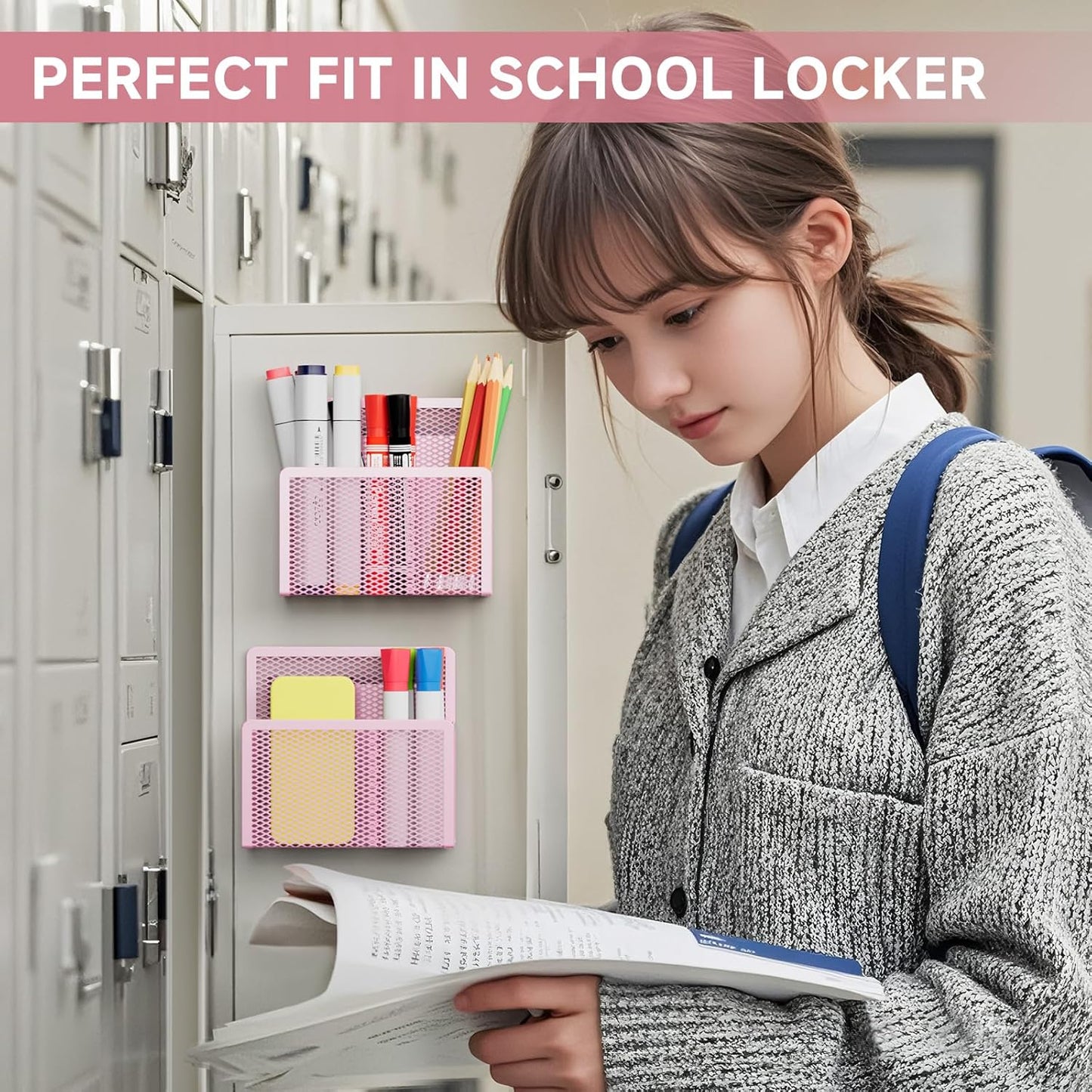 Magnetic Dry Erase Marker Holder, Mesh Pen Holder for Whiteboard，Magnet Pencil Organizer Storage for Refrigerator Locker Accessories Organizer for Home, School and Office(Pink)