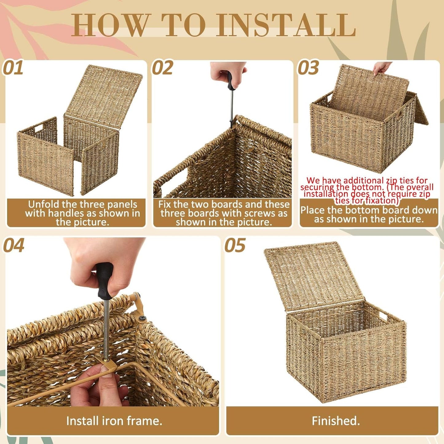 Seagrass File Box Organizers Collapsible Letter/legal Size Filing Cabinet with Lid Portable Decorative Document File Storage Box for Office/decor/home, Natural