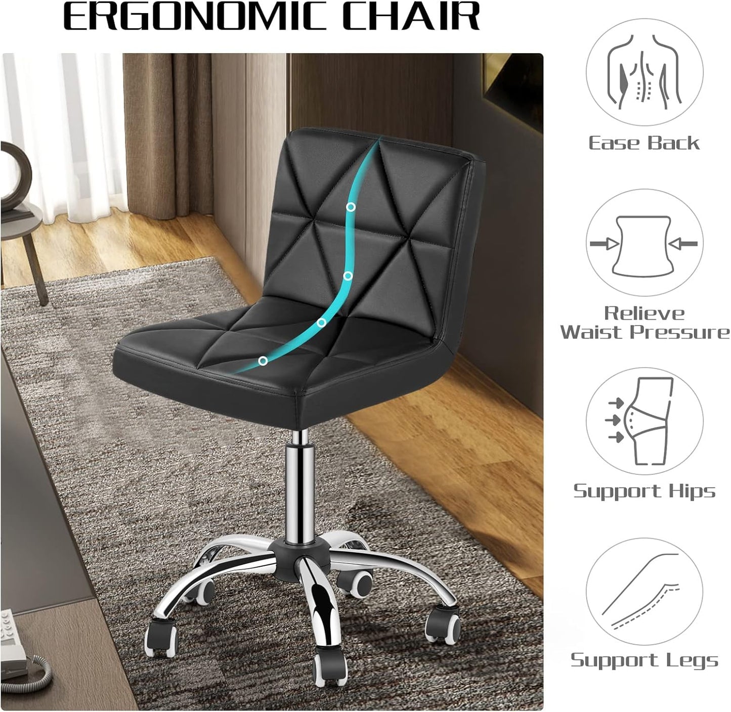 COSVALVE Armless Desk Chair, Mid Back 360 Degree Swivel Office Chair, Height Adjustable Executive Conference Task Chair with Rolling Wheels and Diamond Pattern, for Home Computer Barber, Black
