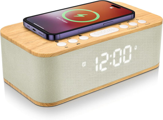 Alarm Clocks Large Snooze Button, Digital Clock USB Charger Port, Bluetooth Speaker Alarm Clock Bedroom AUX USB Bluetooth Speaker Wireless Charging 12/24H Dual Alarms Snooze Dimmer Sleep Timer, Yellow