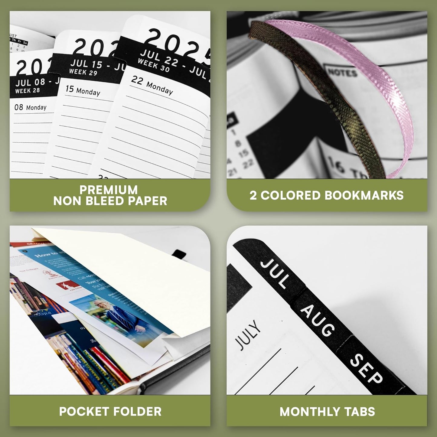 Ensight 2025-2026 HARDCOVER Leather Planner Weekly & Monthly - 8.5x11 Inches - Academic Planner Business Personal or Student - Pen Holder, Thick Paper, July 2025 - June 2026 (Olive Green)