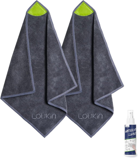 loukin 2 Pack Magnetic Cleaning Cloth, Microfiber Dry Erase Eraser, Washable Whiteboard Cleaning Cloth for Classroom, Home and Office, Gray, 12" x 12" - 3.4 fl oz Whiteboard Cleaner Included