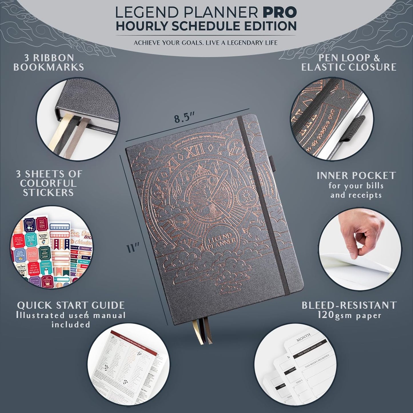 Legend Planner PRO Hourly Schedule - Weekly & Daily Organizer with Time Slots. Appointment Book Journal for Work & Personal, A4 (Mystic Grey)