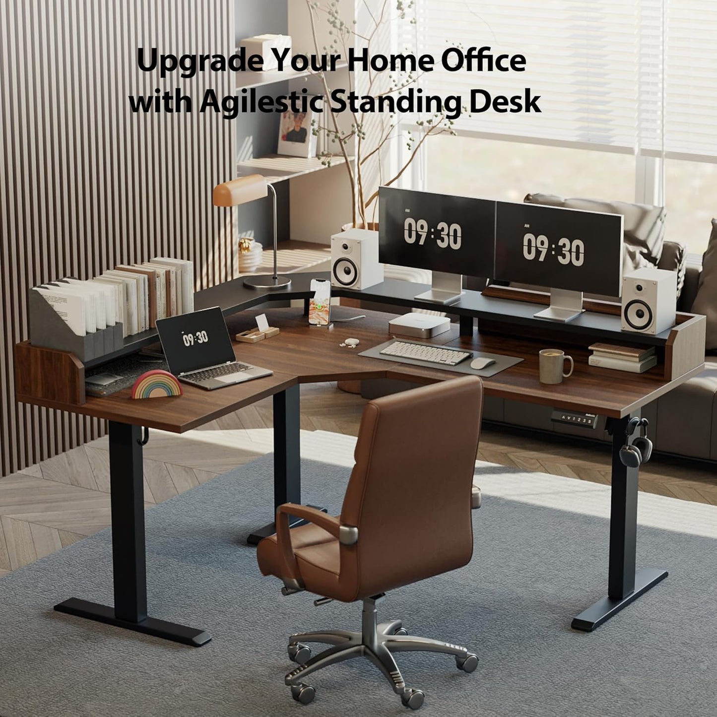 Agilestic L Shaped Standing Desk, Adjustable Height Corner Gaming Desk with Shelf, Sit Stand Up Desk, 63 x 55 Inch Home Office Computer Table, Dark Walnut