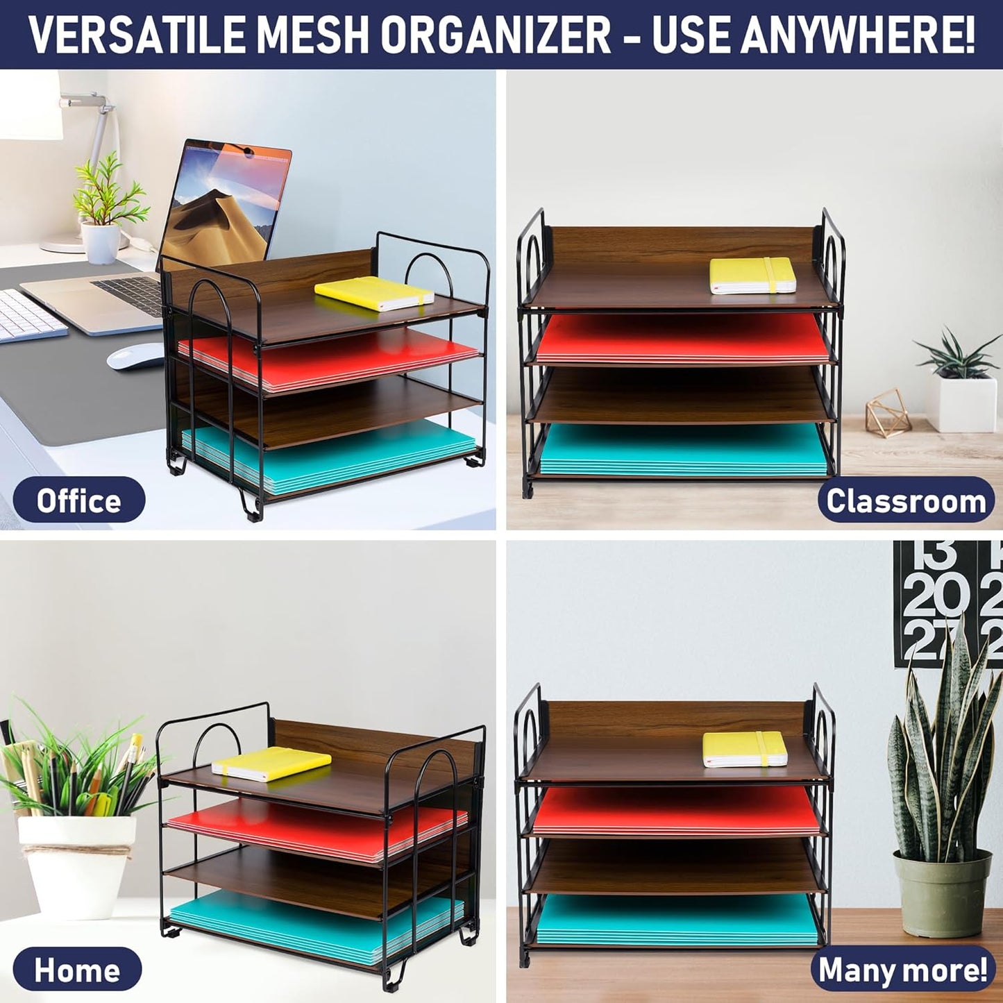 4-Tier Office Organizer, Desk File Organizer with Wood Patterned Shelves, Office Supplies Desktop Organization for Storage of Paper, Bills, Letters, Multi-Functional Desk Organization and Accessories